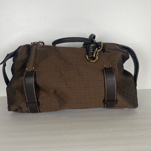 Etienne Aigner Shoulder Bag Brown Double Strap Fabric Leather Trim Gold Metal - Picture 3 of 9